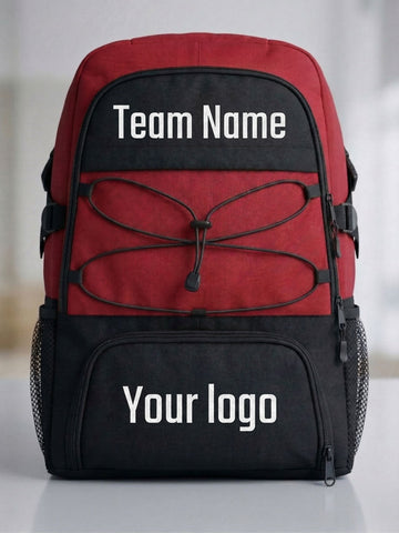 Custom red and black sports team backpack with team name and logo area