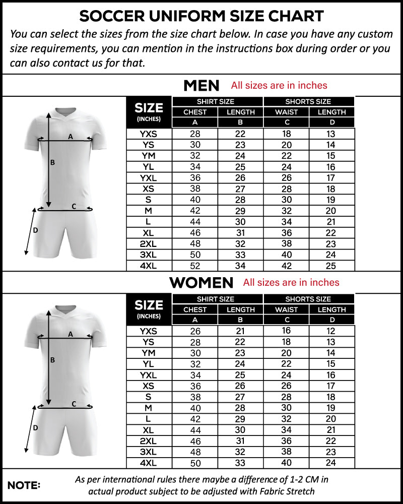 Personalized Soccer Kit A-24 – Prestige Series size chart