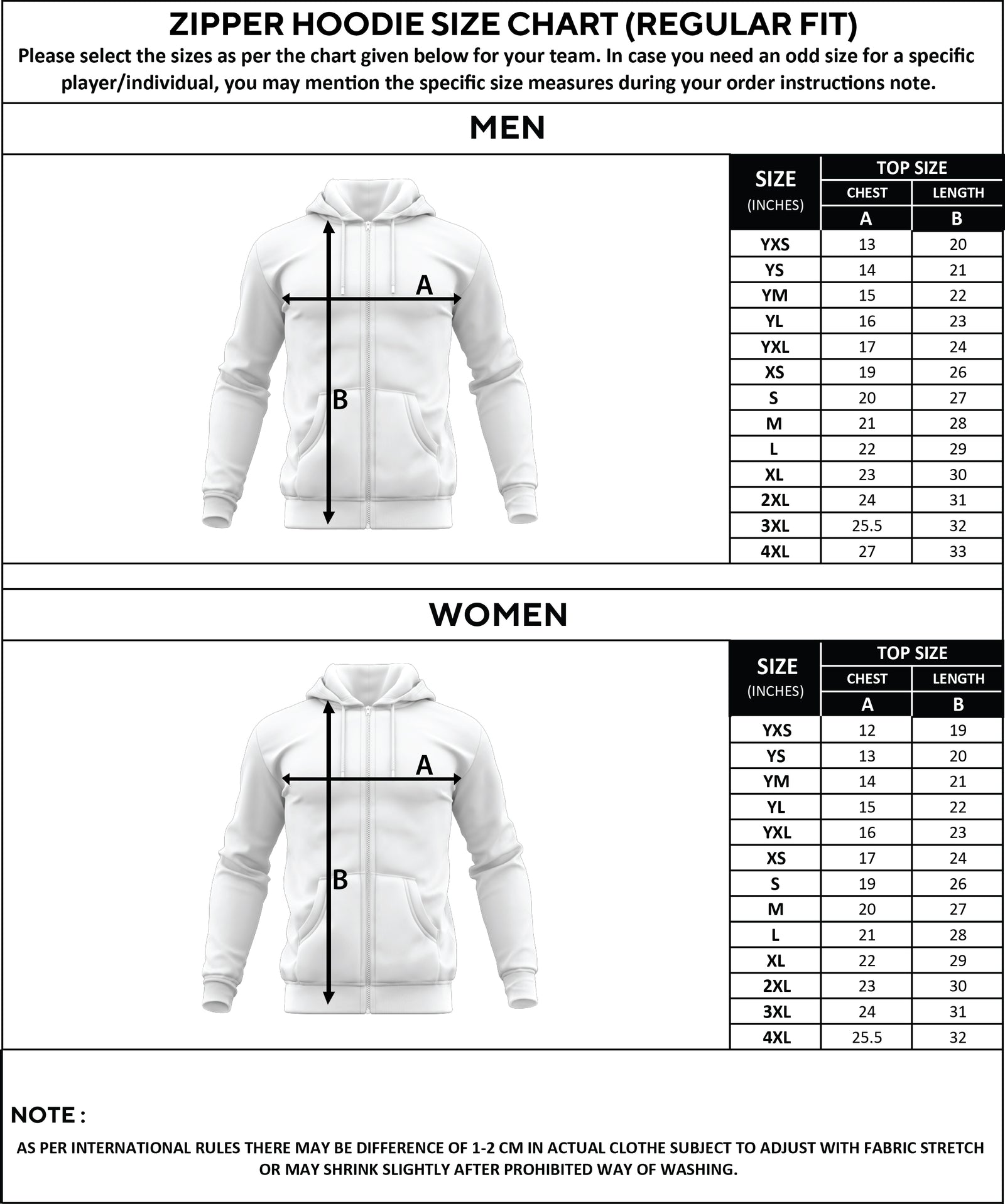Custom Zipper Hoodie - ZH-1 size chart