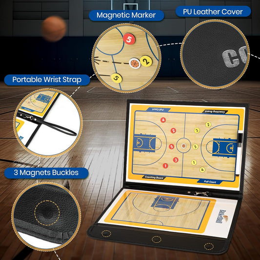 Basketball Coaching Board – Magnetic Tactical Clipboard with Dry Erase Marker & Zipper Bag | PU Leather Foldable Basketball Strategy Board for Coaches
