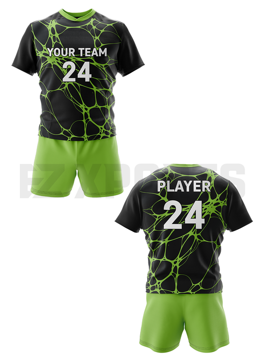 Custom lacrosse uniform LC-1 in black and green with team name player number and matching shorts