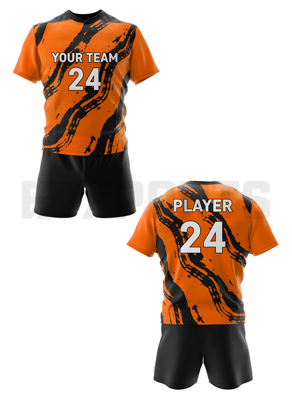 Custom Lacrosse Uniform LCR-5 in orange with custom lacrosse jersey and shorts