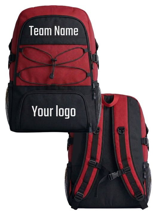 Custom red and black sports team backpack BPK-1 with front logo and back straps view