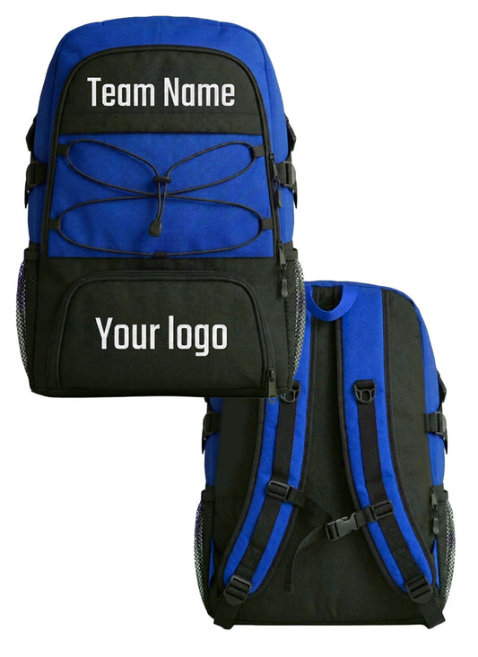 Custom blue and black sports team backpack BPK-1 with logo area and rear strap view