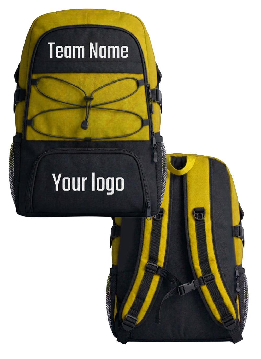 Custom yellow and black sports team backpack BPK-1 with team name and back straps view