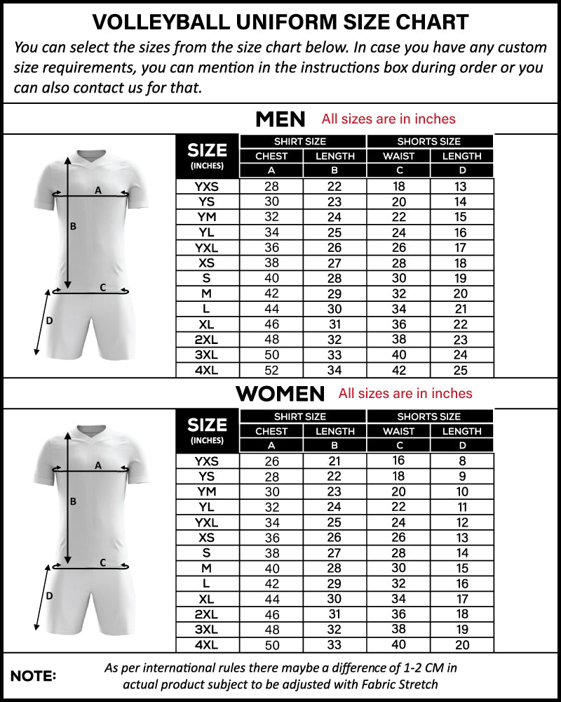 Custom Volleyball Uniform VBA-3 – Personalized Jersey & Shorts Set size chart