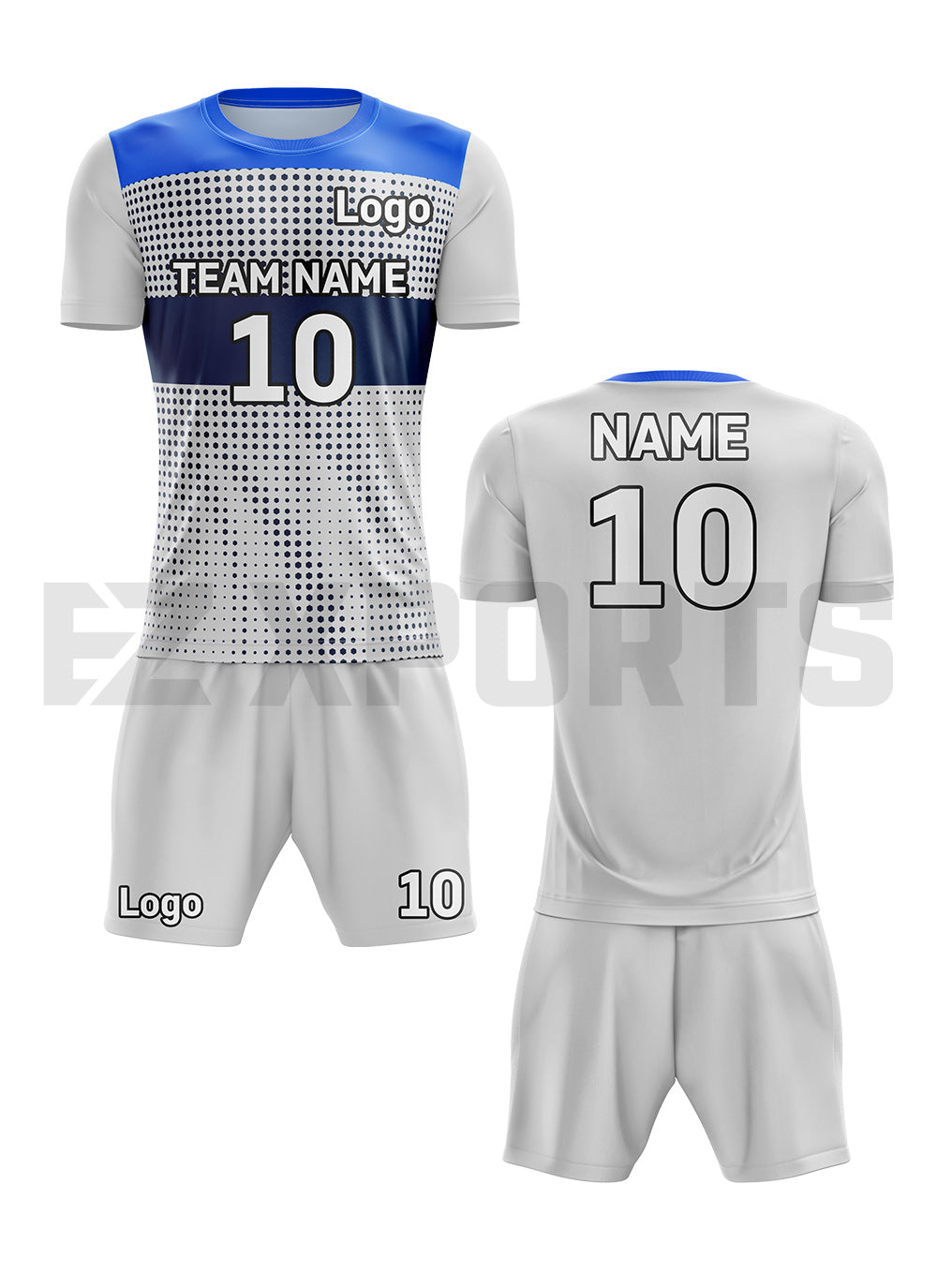Custom volleyball uniform VBA-1 in royal blue, navy, and white with team name, player number, logo, jersey, and shorts