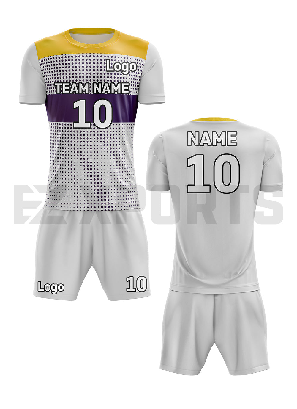 Custom volleyball uniform VBA-1 in gold, purple, and white with custom name, number, logo, jersey, and shorts
