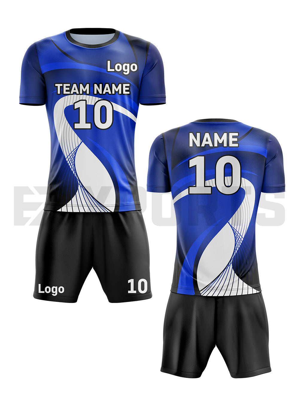 Custom volleyball uniform VBA-2 in blue, black, and white with personalized team name, player number, logo, jersey, and shorts