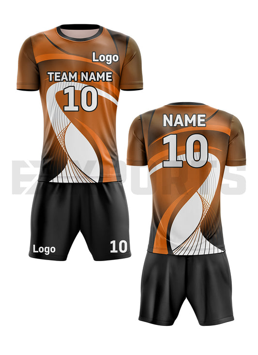 Custom volleyball uniform VBA-2 in orange, black, and white with custom team name, player number, logo, jersey, and shorts