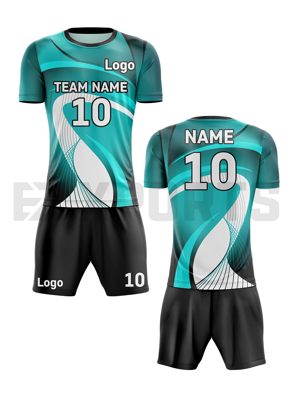 Custom volleyball uniform VBA-2 in teal, black, and white with personalized name, number, logo, jersey, and shorts