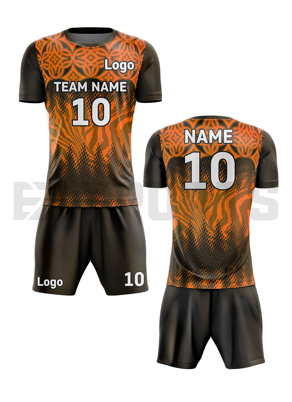 Custom volleyball uniform VBA-3 in orange and black with personalized team name, player number, logo, jersey, and shorts