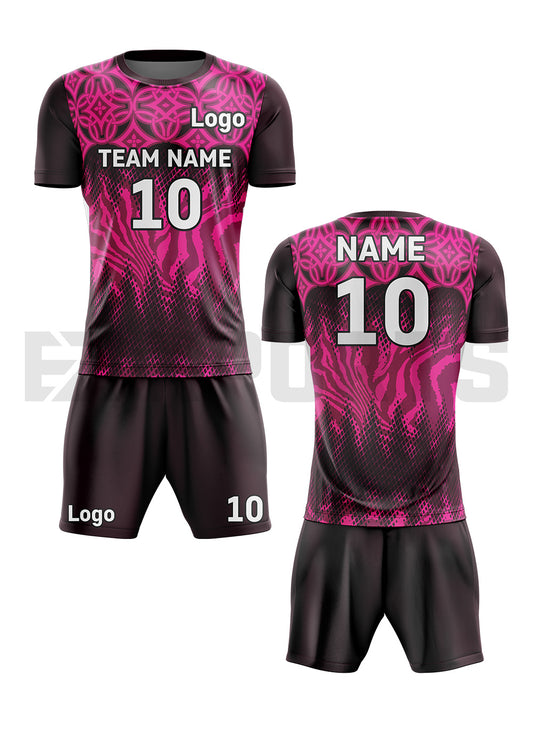 Custom volleyball uniform VBA-3 in pink and black with custom team name, player number, logo, jersey, and shorts