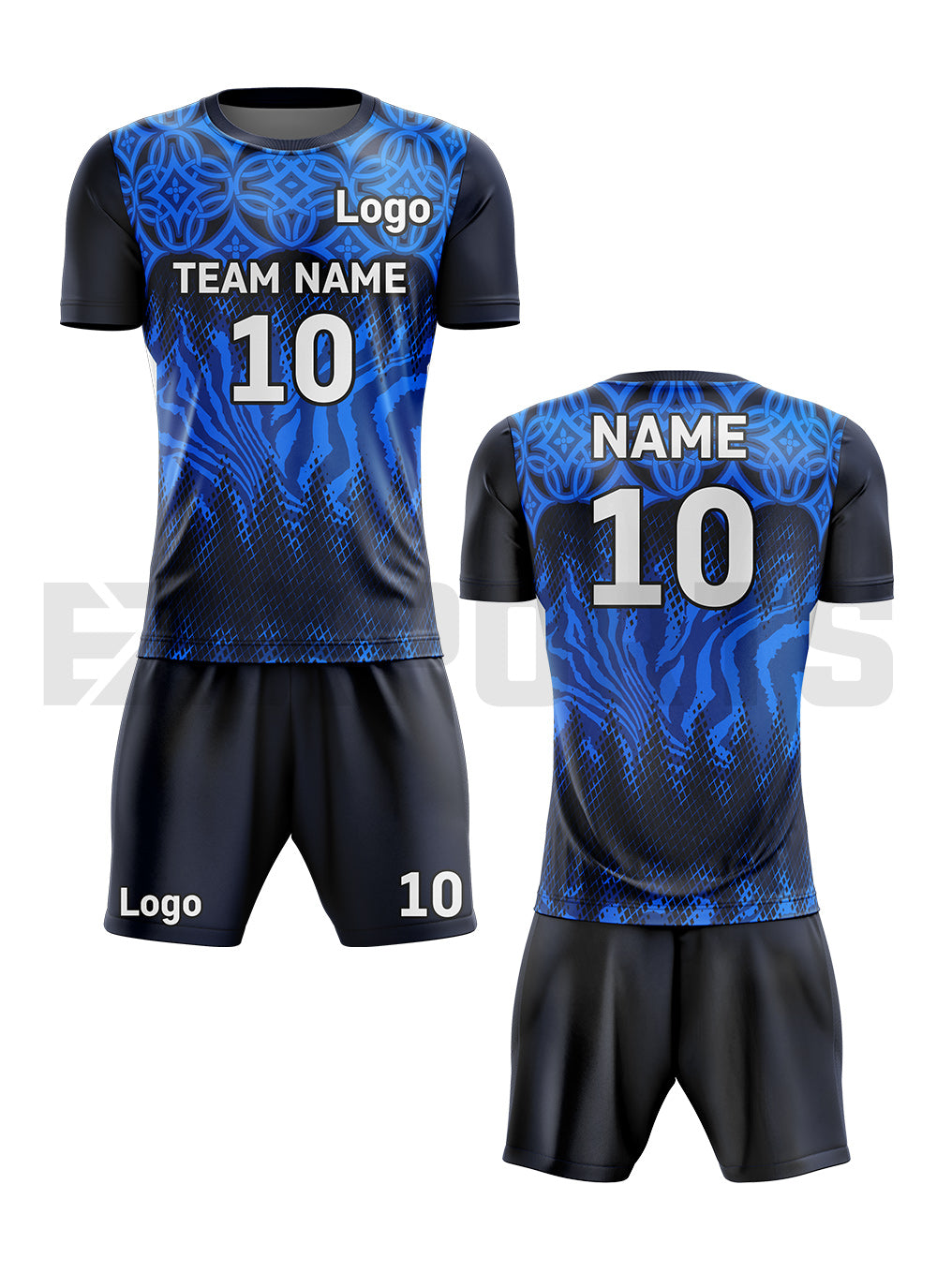 Custom volleyball uniform VBA-3 in blue and black with personalized name, number, logo, jersey, and shorts