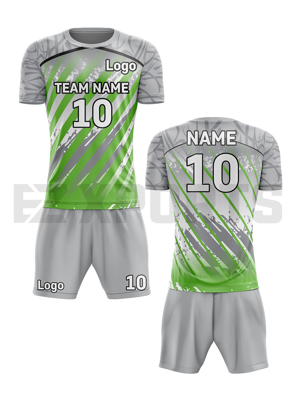 Custom volleyball uniform VBA-4 in green, gray, and white with personalized name, number, logo, jersey, and shorts