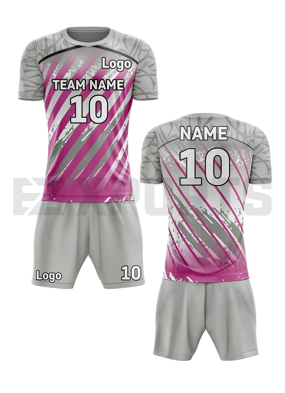 Custom volleyball uniform VBA-4 in pink, gray, and white with personalized team name, player number, logo, jersey, and shorts