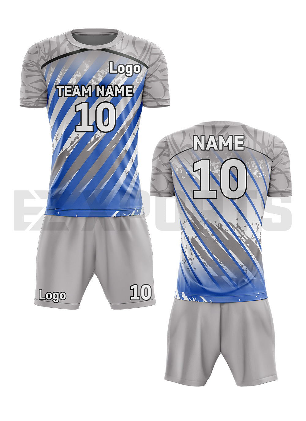 Custom volleyball uniform VBA-4 in blue, gray, and white with custom team name, player number, logo, jersey, and shorts