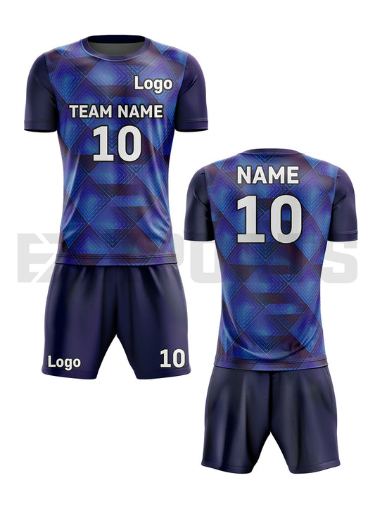 Custom volleyball uniform VBA-5 in blue and navy with geometric pattern, personalized team name, player number, logo, jersey, and shorts
