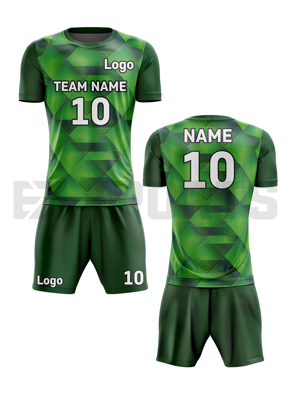 Custom volleyball uniform VBA-5 in green and dark green with geometric pattern, custom team name, player number, logo, jersey, and shorts