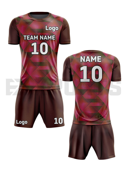 Custom volleyball uniform VBA-5 in red and brown with geometric pattern, personalized name, number, logo, jersey, and shorts