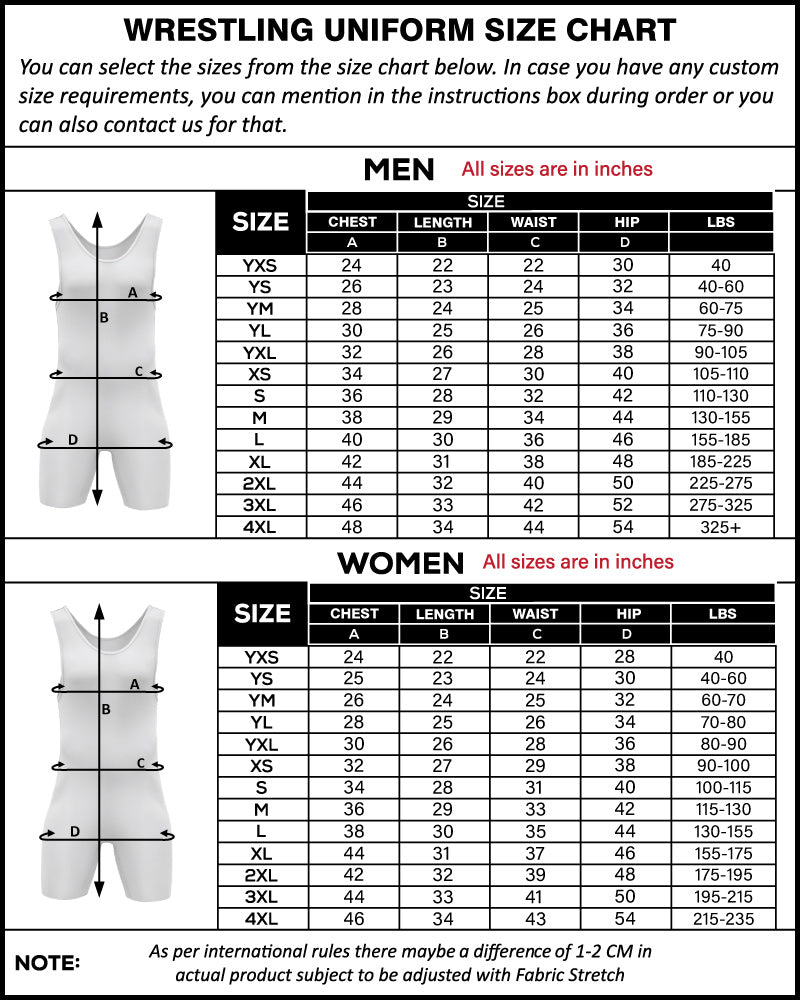 Custom Wrestling Singlet WRS-1 | Lightning Strike | Fully Sublimated size chart