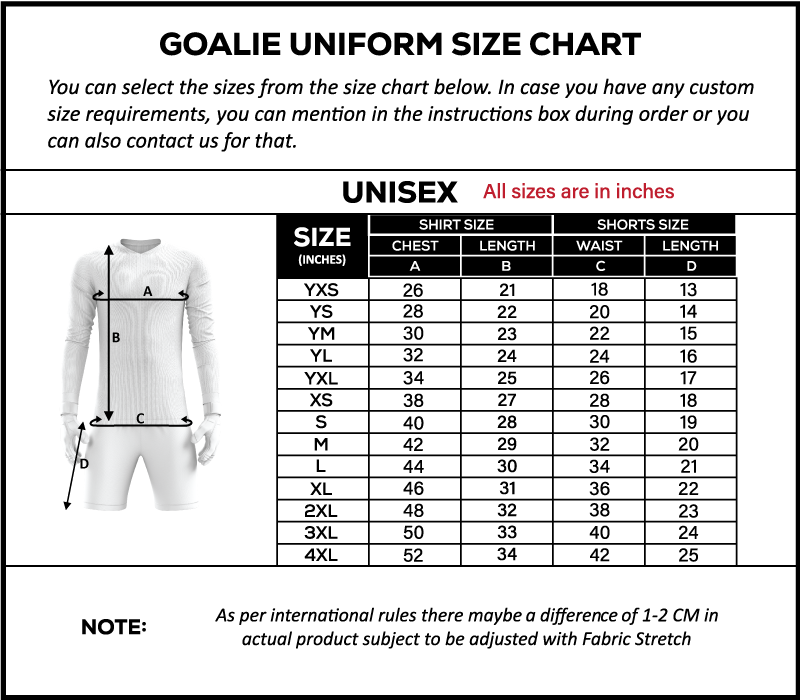 NextGen Custom Goalie Uniform GK-8 – Modern Style, Pro Protection size chart