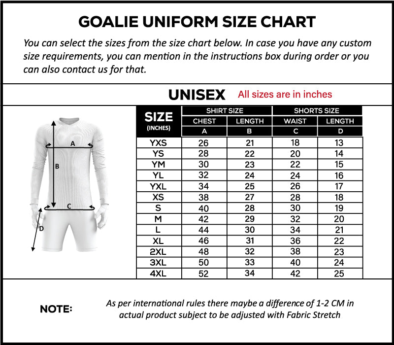Pro Custom Goalkeeper Uniform GK-2 – Fully Customizable Set size chart
