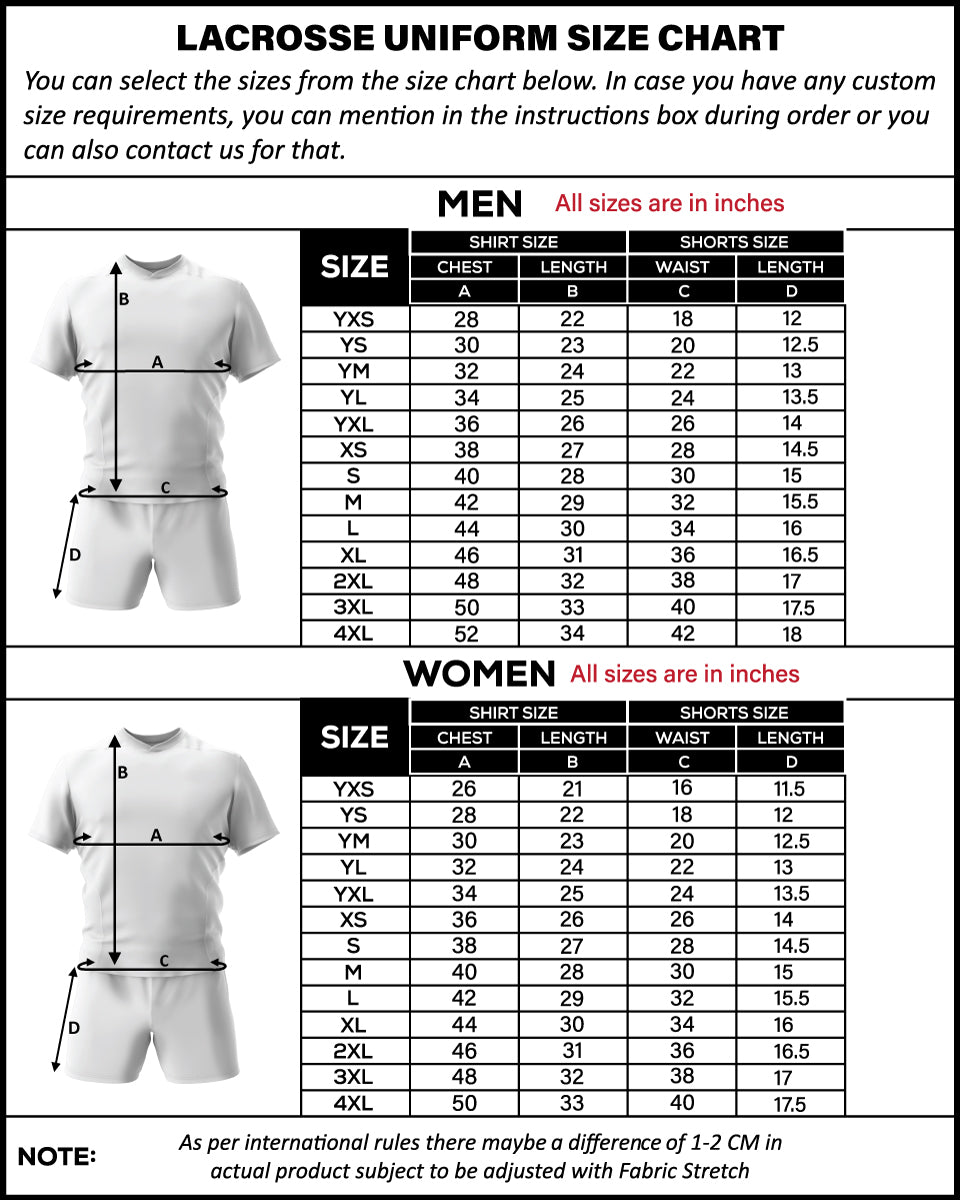 Custom Lacrosse Uniform LCR-3 | Personalized Lacrosse Jersey & Shorts size chart