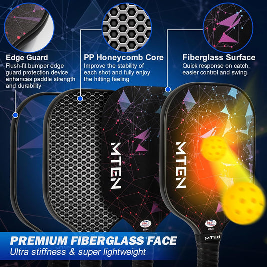 USAPA Approved Pickleball Paddle Set – Fiberglass Surface Rackets with Honeycomb Core | Lightweight Pickleball Paddles for Men & Women (2 Paddles, 4 Balls, Carry Bag)