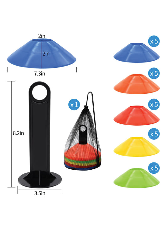 25/50/100/200 Pack Disc Cones – Agility Soccer Cones with Carry Bag and Holder – Soccer Cones for Sports Training, Football, Soccer, Basketball, Coaching, and Practice Equipment – 5 Colors